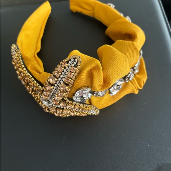 Yellow satin evening headband with crystals - Picture 4 of 5